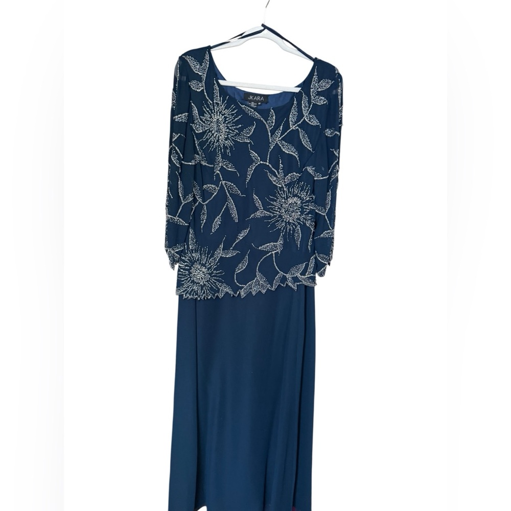 JKARA Navy Beaded Floral Dress